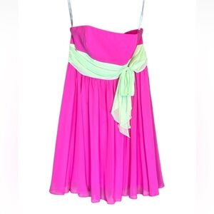 Alfred Angelo fuchsia pink chiffon short dress with pistachio green sash 16W